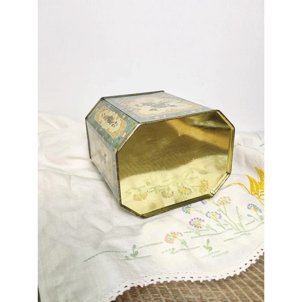 Vintage Baret Ware Floral Biscuit Tin, Gold and‎ Teal Stash Box